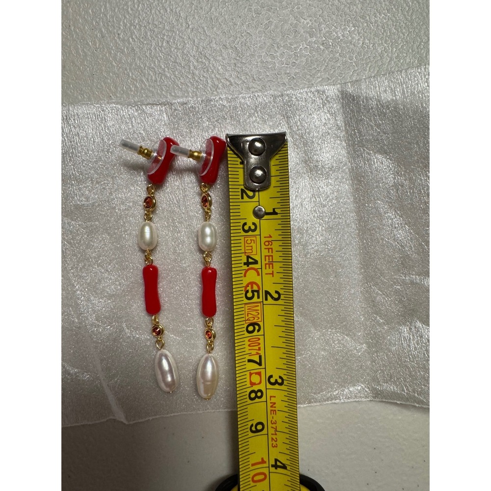 Tuckernuck Red Coral and Pearl Drop Earrings Gold Tone Linear Dangle - Picture 5 of 5